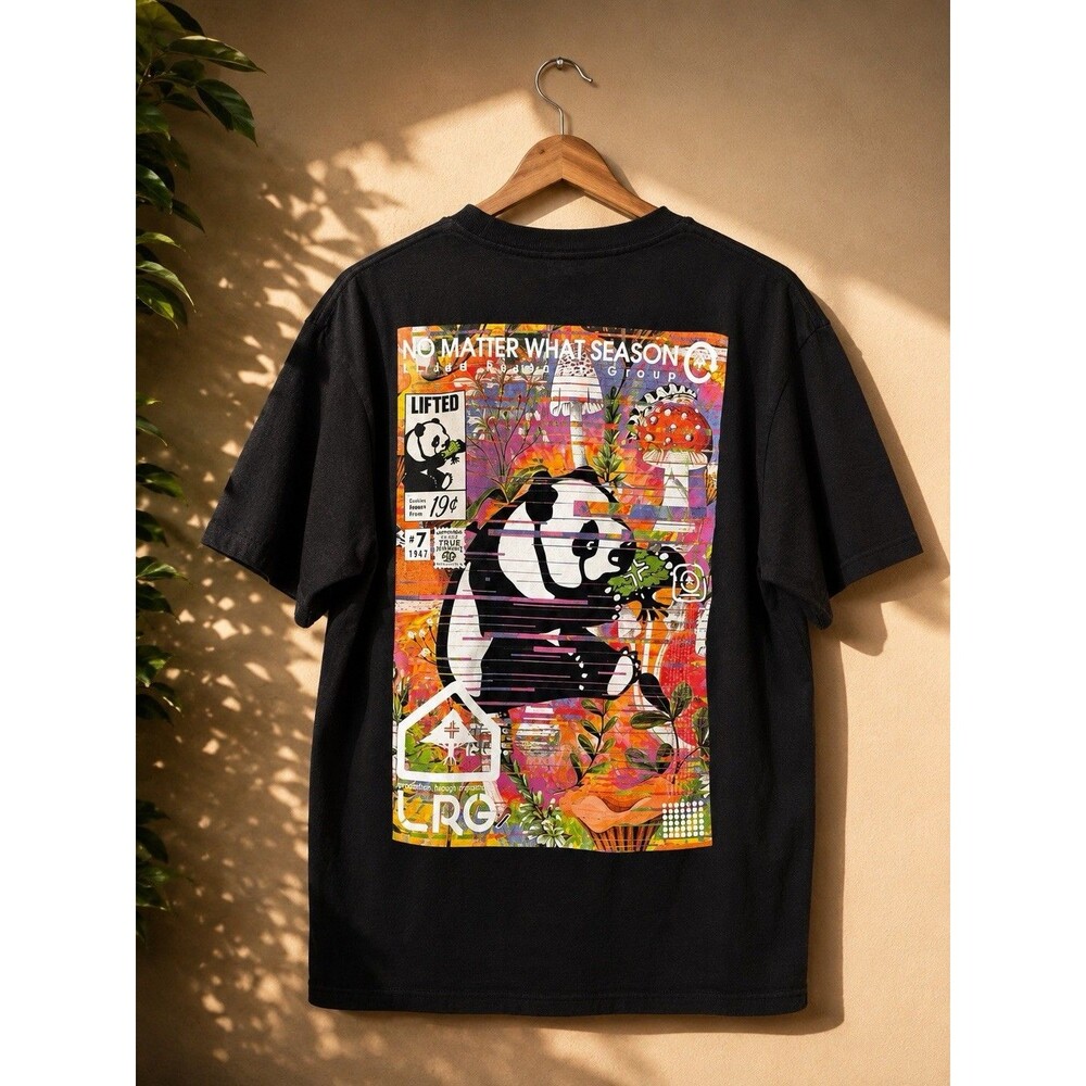 LRG Lifted Research Group Panda Mushroom Graphic T-Shirt Black Double Sided XL